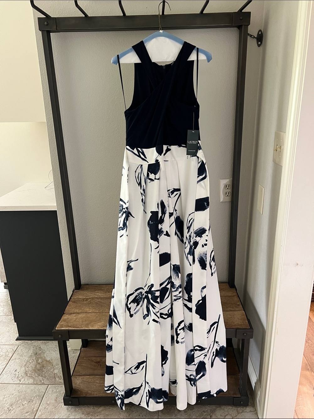 Lauren Ralph Lauren Navy Bodice White Maxi Dress with Navy Floral Print